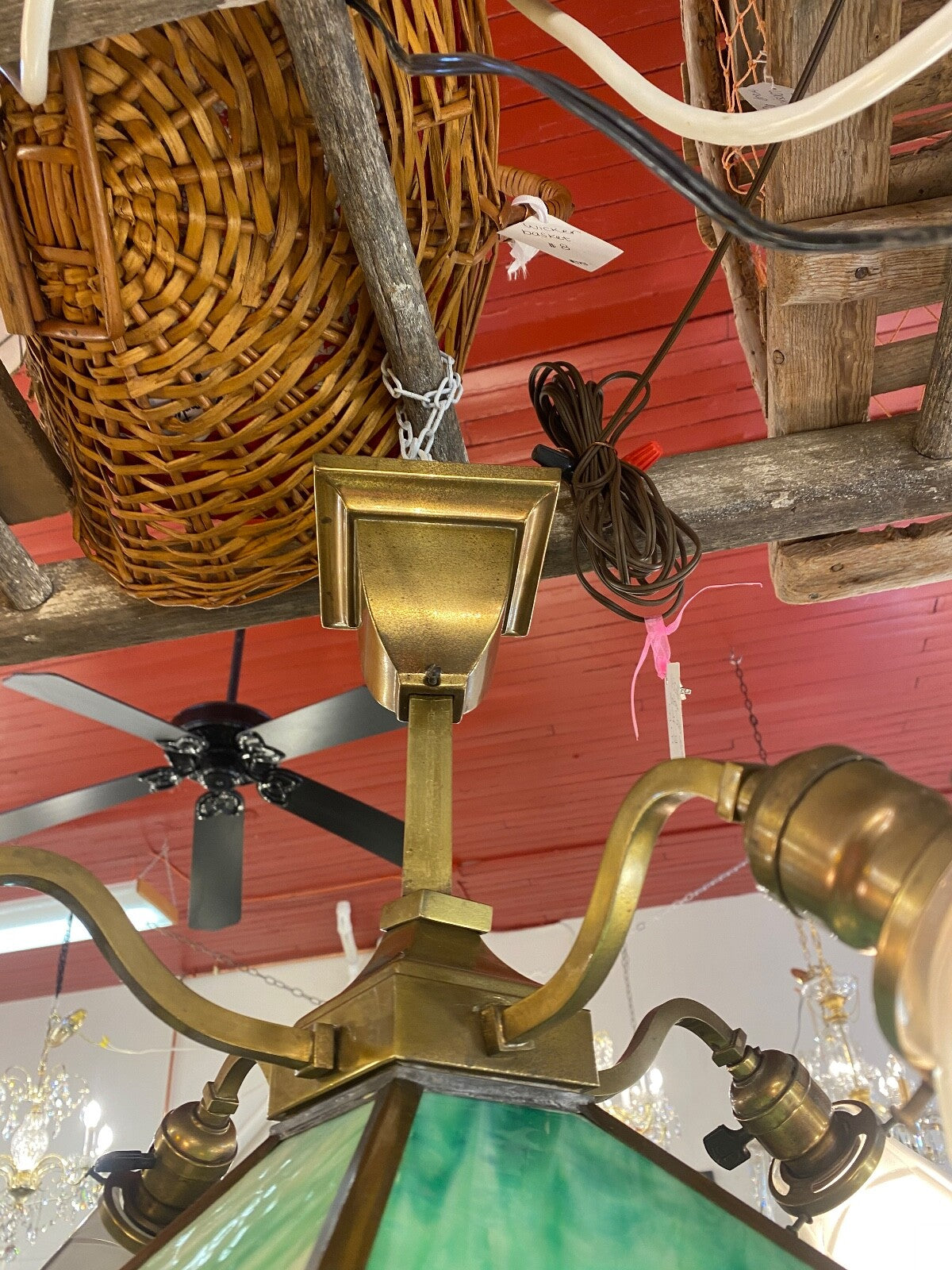 Green Stained Glass 5 Light Craftsman Chandelier 1910-1915