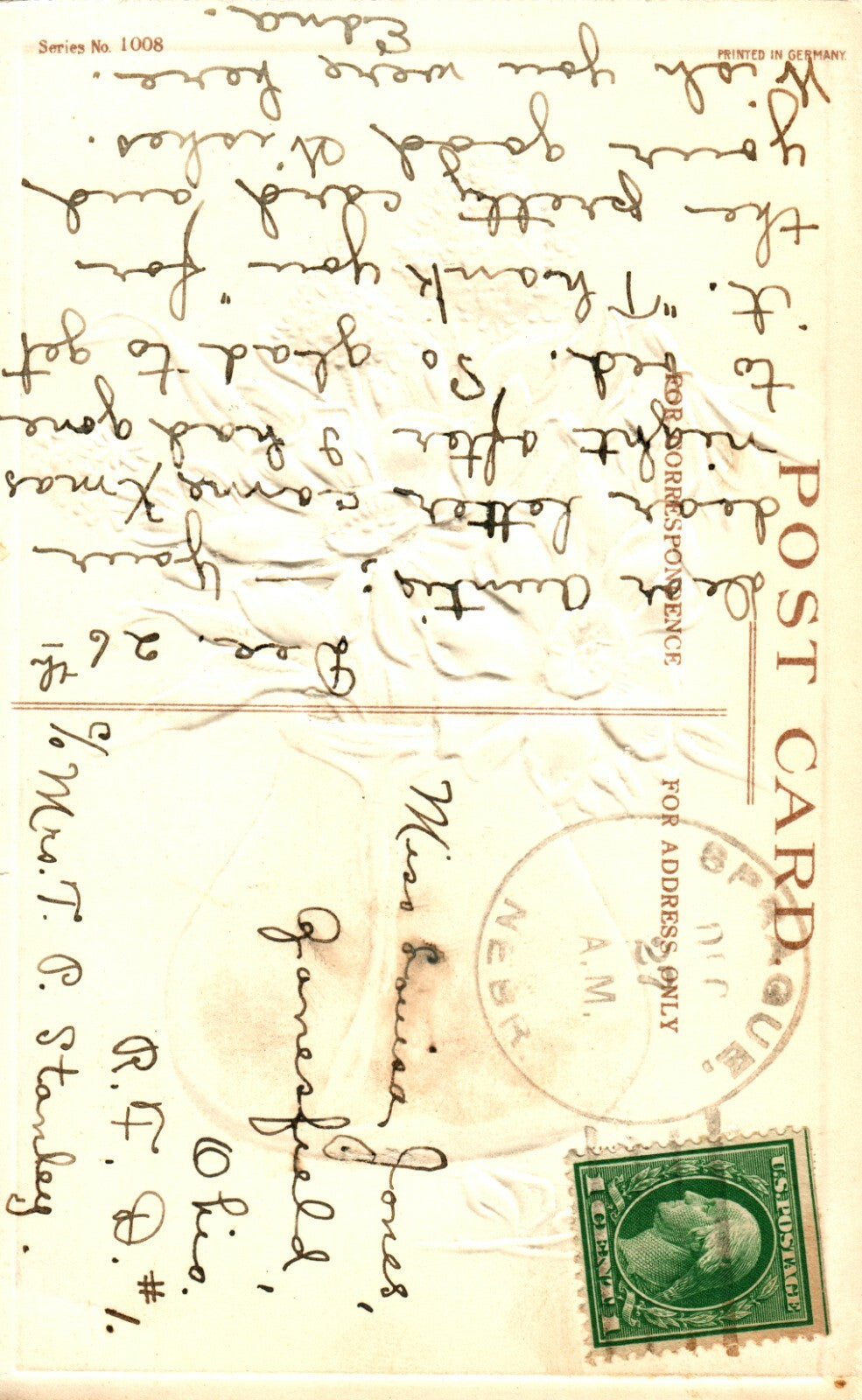 White Flowers in Brown Vase Embossed Happy New Year Postcard Series No.1008