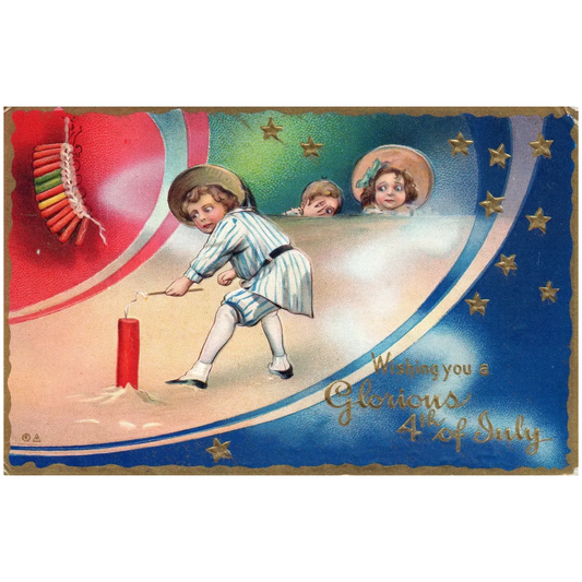 Wishing You a Glorious 4th of July Little Boy Cautiously Lighting Firework Postc