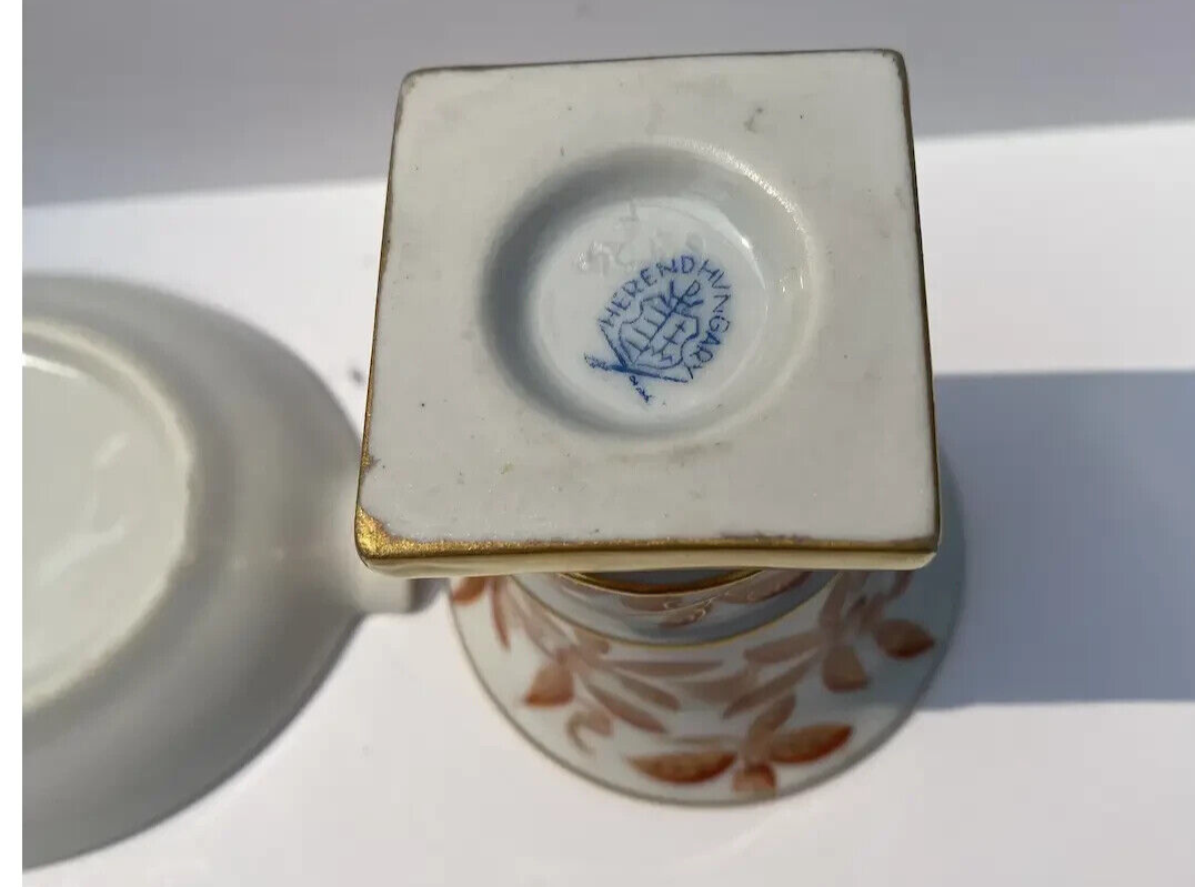 Vintage Herend Hungary Porcelain Small Footed Cache Vase Matching Ashtray Bird