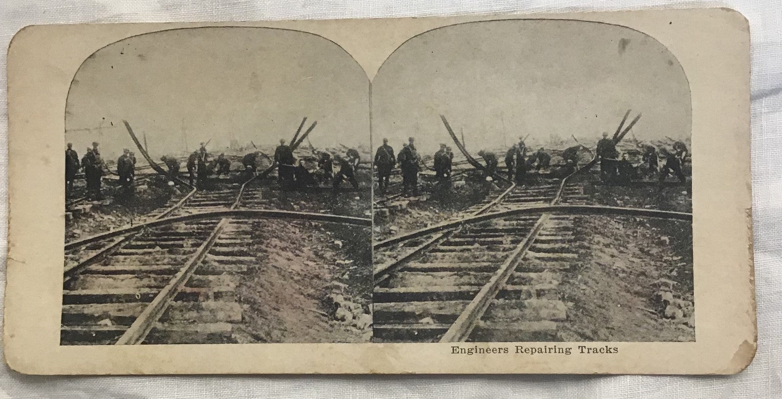 WWI  Stereoview Engineers repairing Train Tracks War Times