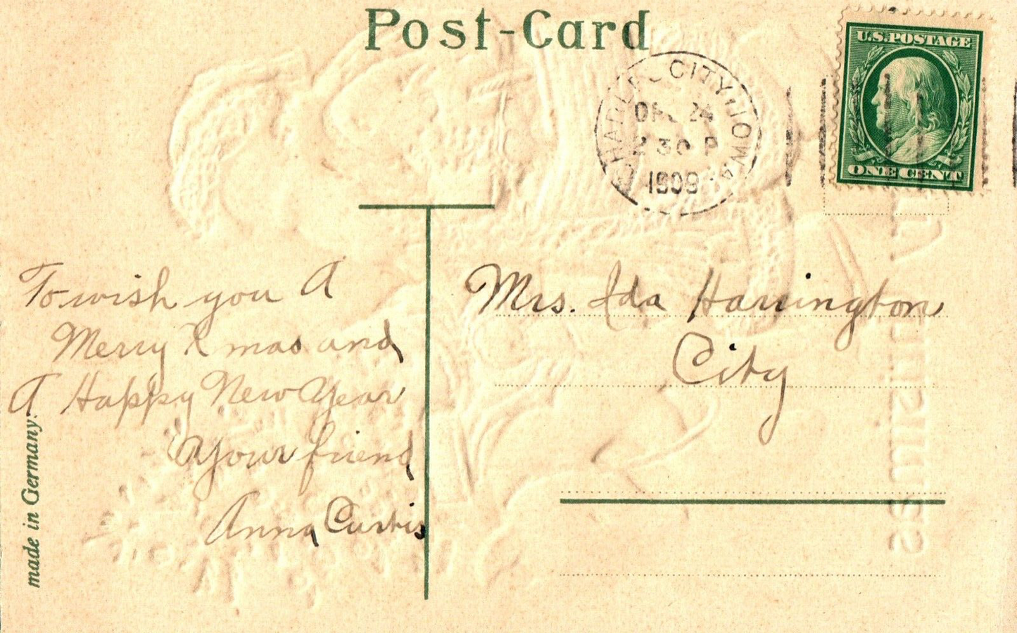 A Merry Christmas Santa Walking Donkey & Angel with Tree Vintage Santa Postcard