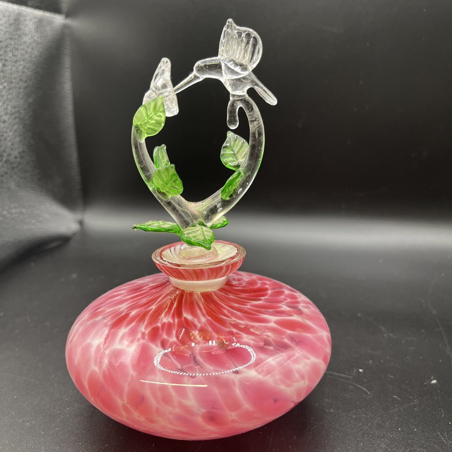 Vintage Murano Art Glass Perfume Bottle With Hummingbird Stopper Pink Green