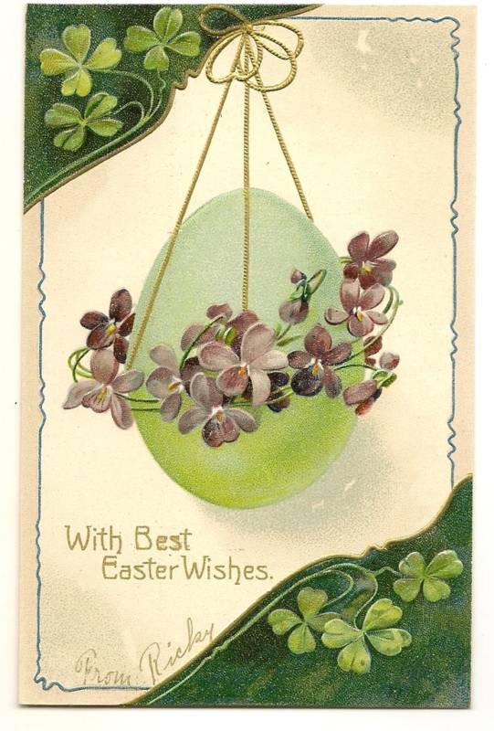 PFB Green Egg Purple Violets Shamrock Easter Postcard