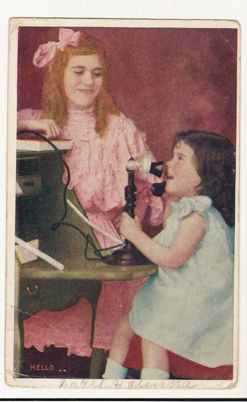 Two Girls Candlestick Telephone Hello Greeting Postcard