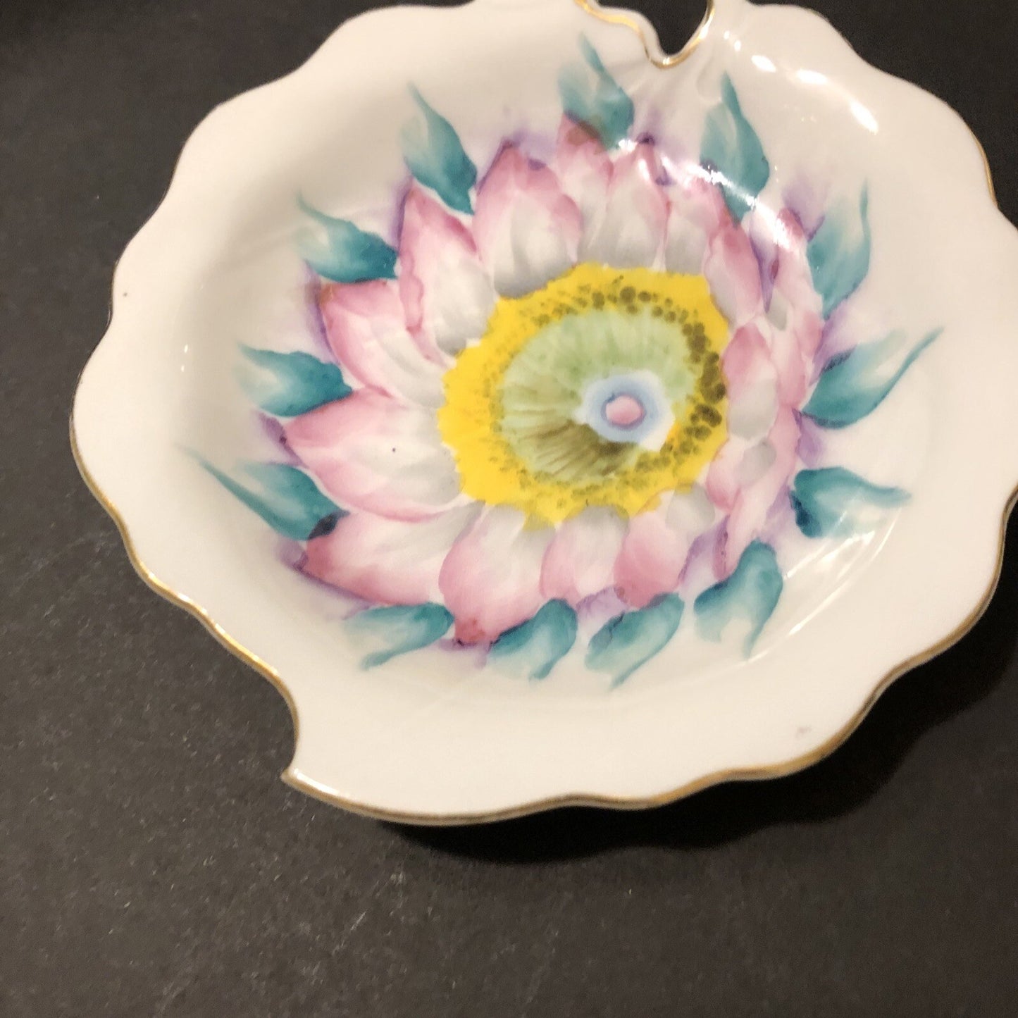 Trimont Trinket Dish 4" x 5” Hand Painted China Leaf Shape Floral Gold Trim