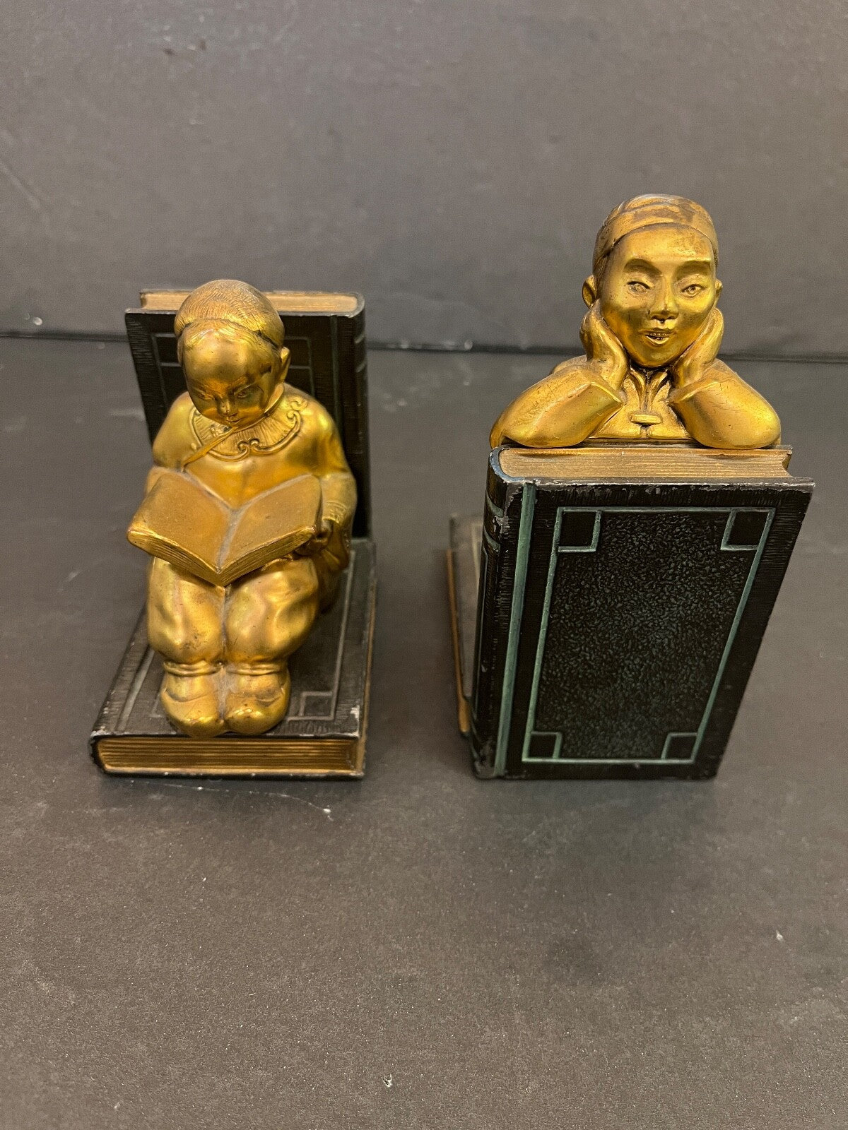Vintage Ronson Pair of Gold Chinese Metal Art Ware Bookends