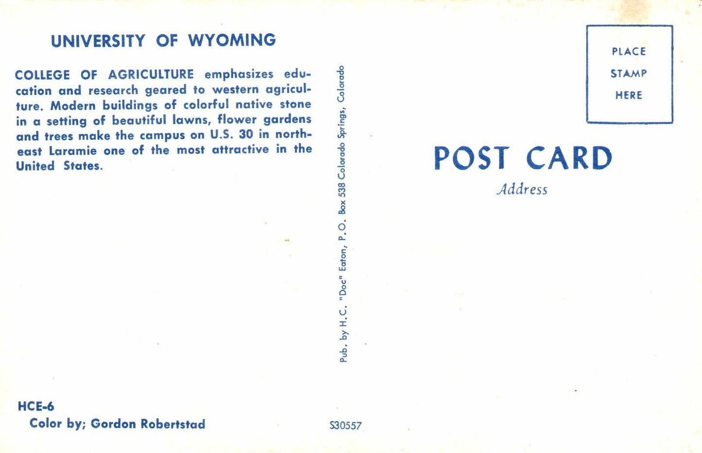 University Of Wyoming College Of Agriculture Wyoming WY Postcard