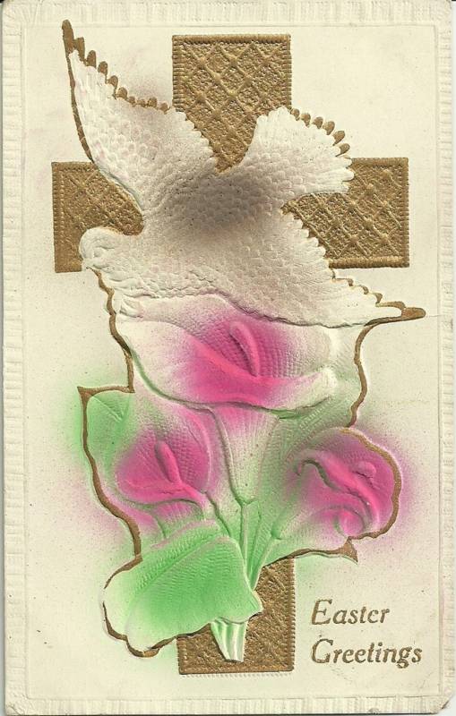 Heavy Embossed Gold Cross Dove Lily Easter Postcard