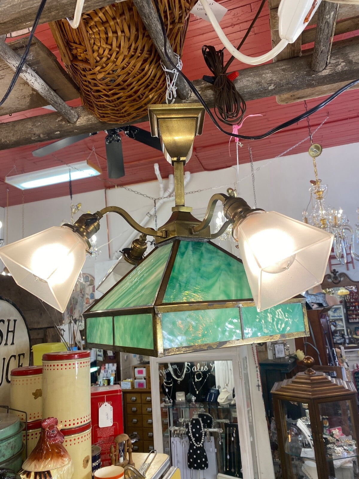 Green Stained Glass 5 Light Craftsman Chandelier 1910-1915