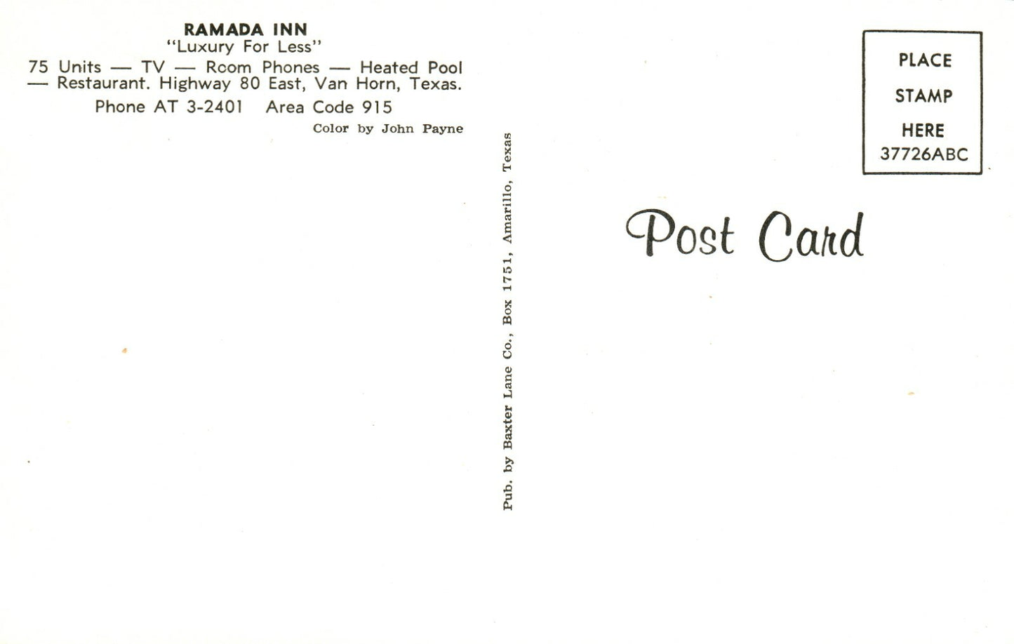 Ramada Inn Motel Hotel Coffee Shop Hwy 80 East Van Horn Texas TX Postcard