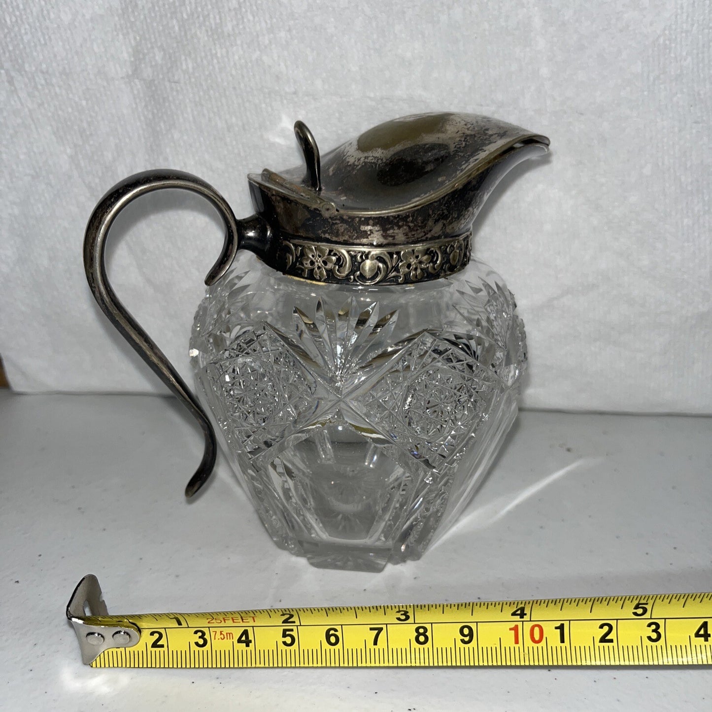 Vintage AMERICAN BRILLIANT Wheel Cut Glass Ball Pitcher Plated Silver Lid Handle