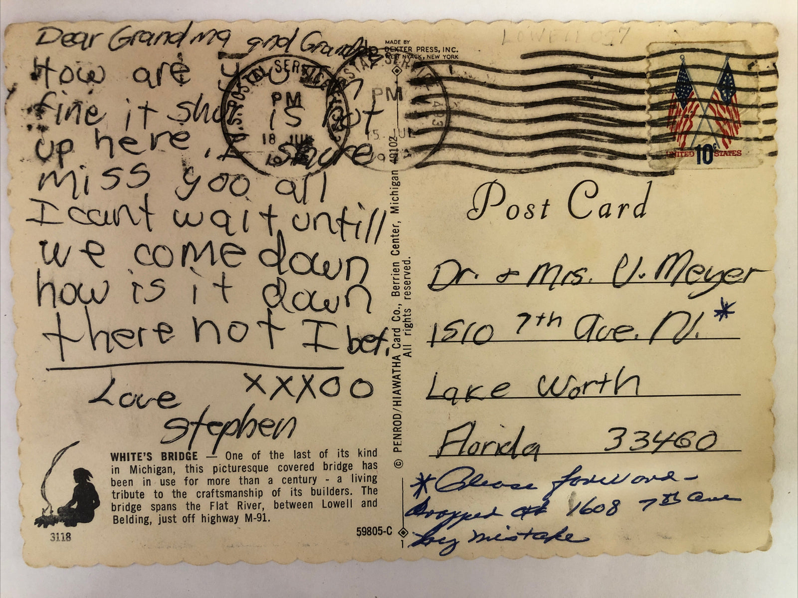 Whites Covered Bridge with History Plaque Lowell Michigan MI Postcard