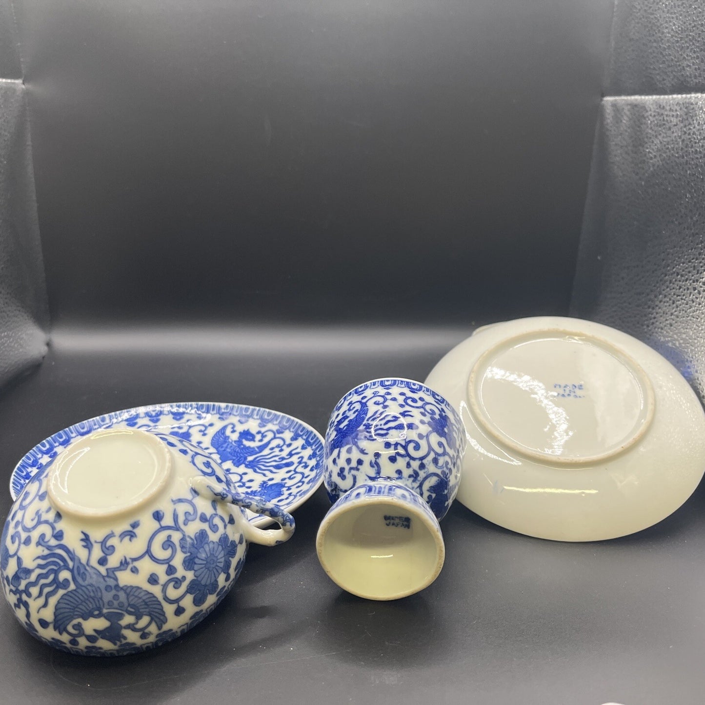 Vintage 2 Blue Chintz Phoenix Bird Cup & Saucer & Egg Cup Made in Japan