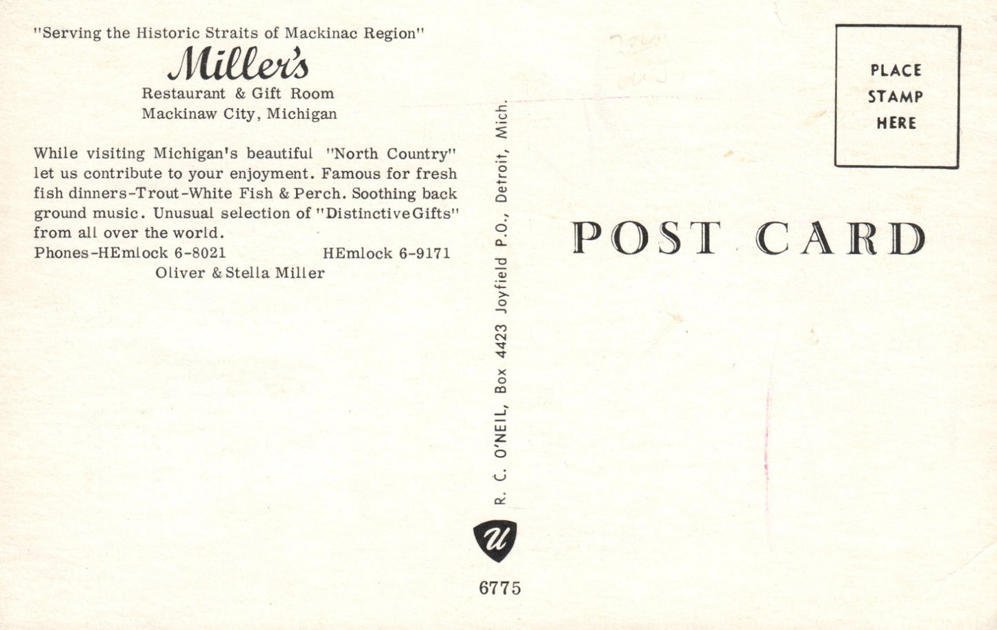 Interior Miller's Restaurant Gift Room Mackinaw City MI Michigan Postcard