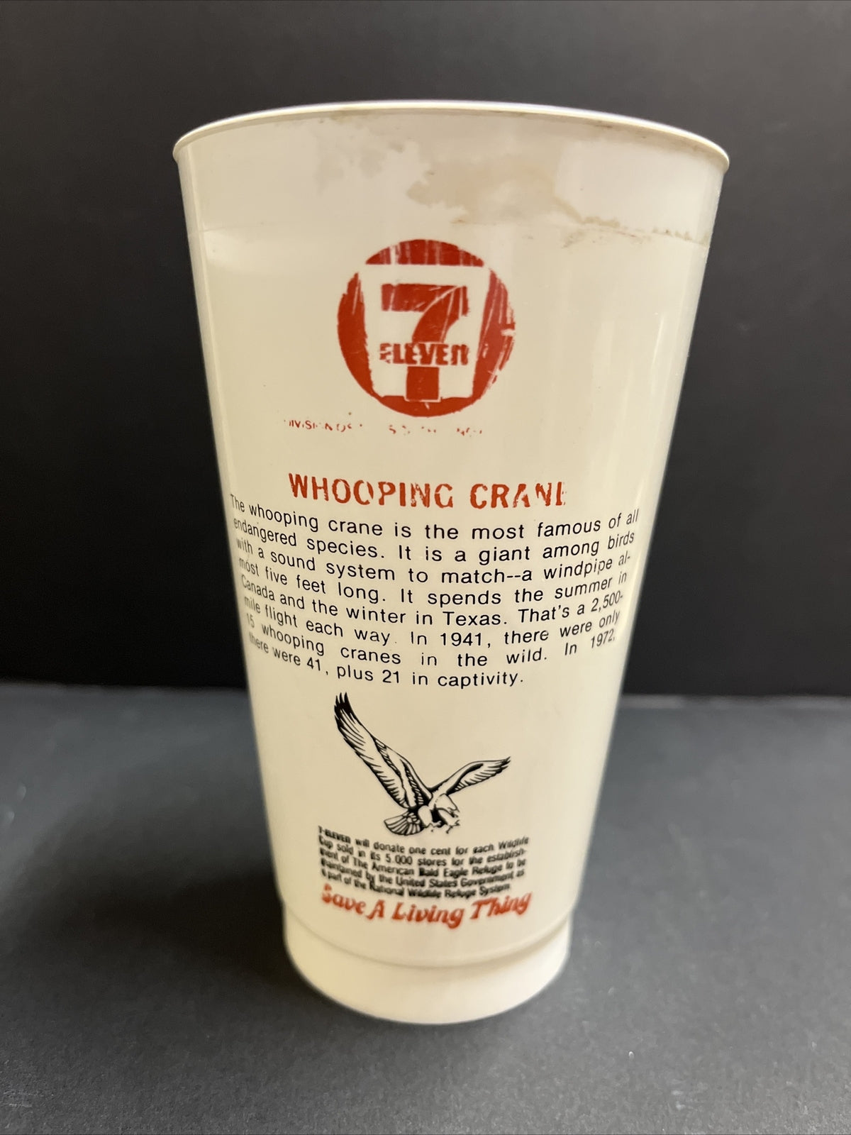 Vintage 1974 7/11 Plastic Slurpee Cup Save a Living Thing "Whooping Crane"