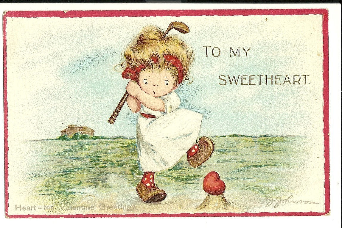 Artist signed Jan Johnson To Sweetheart Heart-tee Golfer Valentine Postcard 407