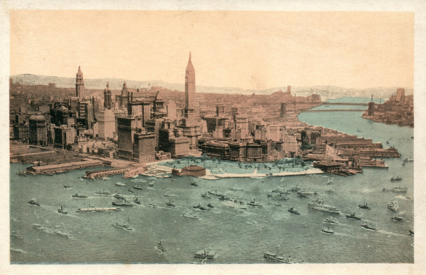 Aerial View Lower New York Busy Harbor NYC NY Postcard