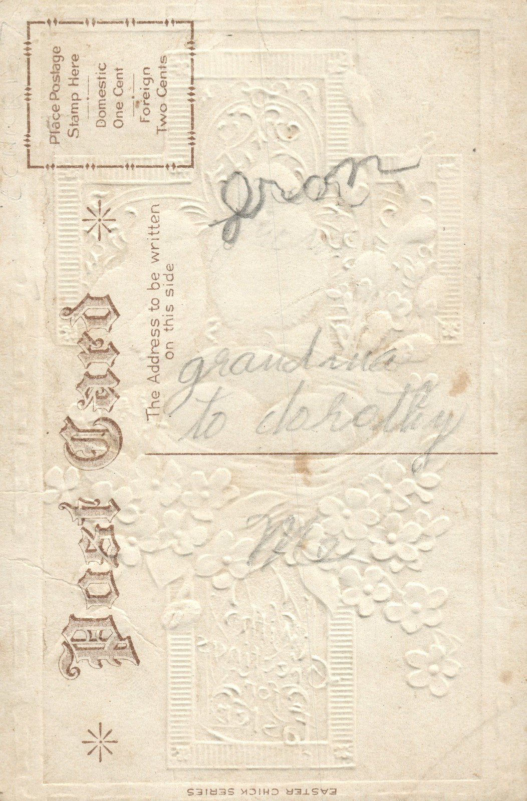 Silver Metallic Cross Chicks Around Eggs in Basket Blue Flowers Easter Postcard