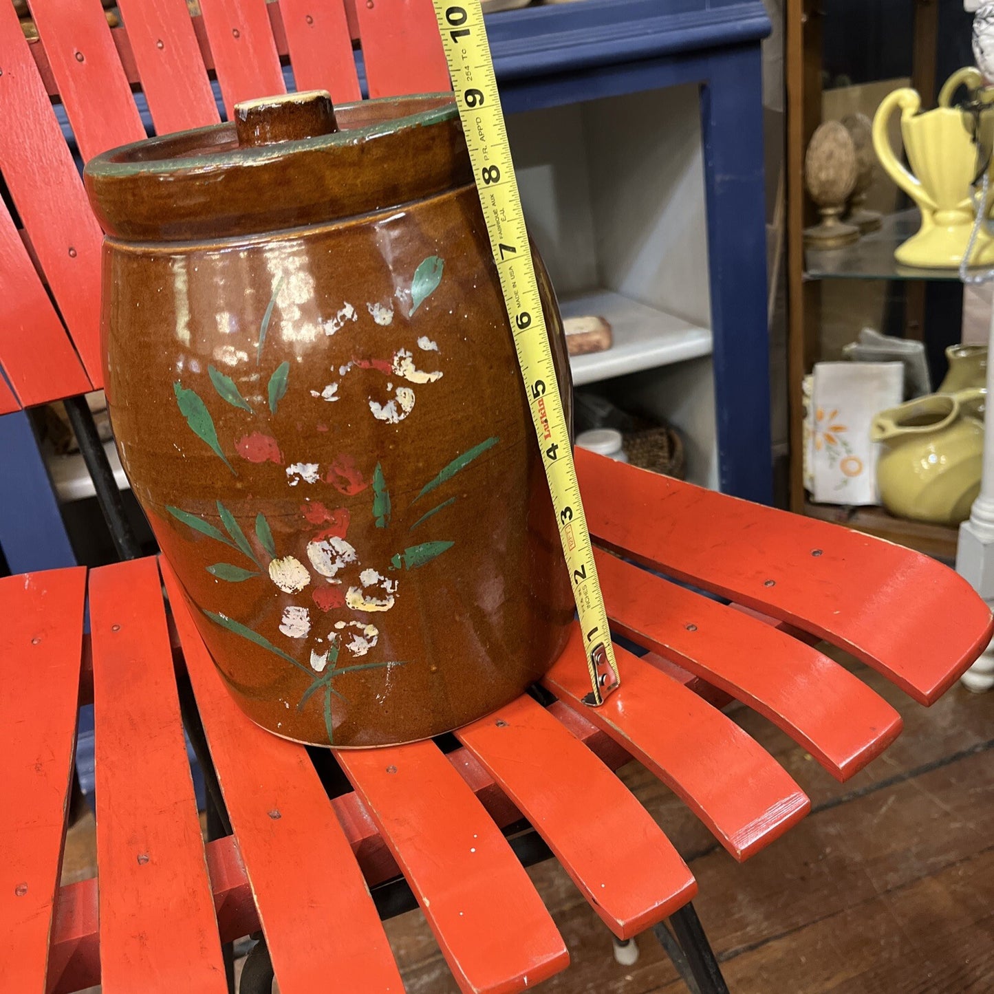 VINTAGE COOKIE JAR- CROCK BROWN FLOWERED STONEWARE CROCK KITCHEN FARM RANCH HOME