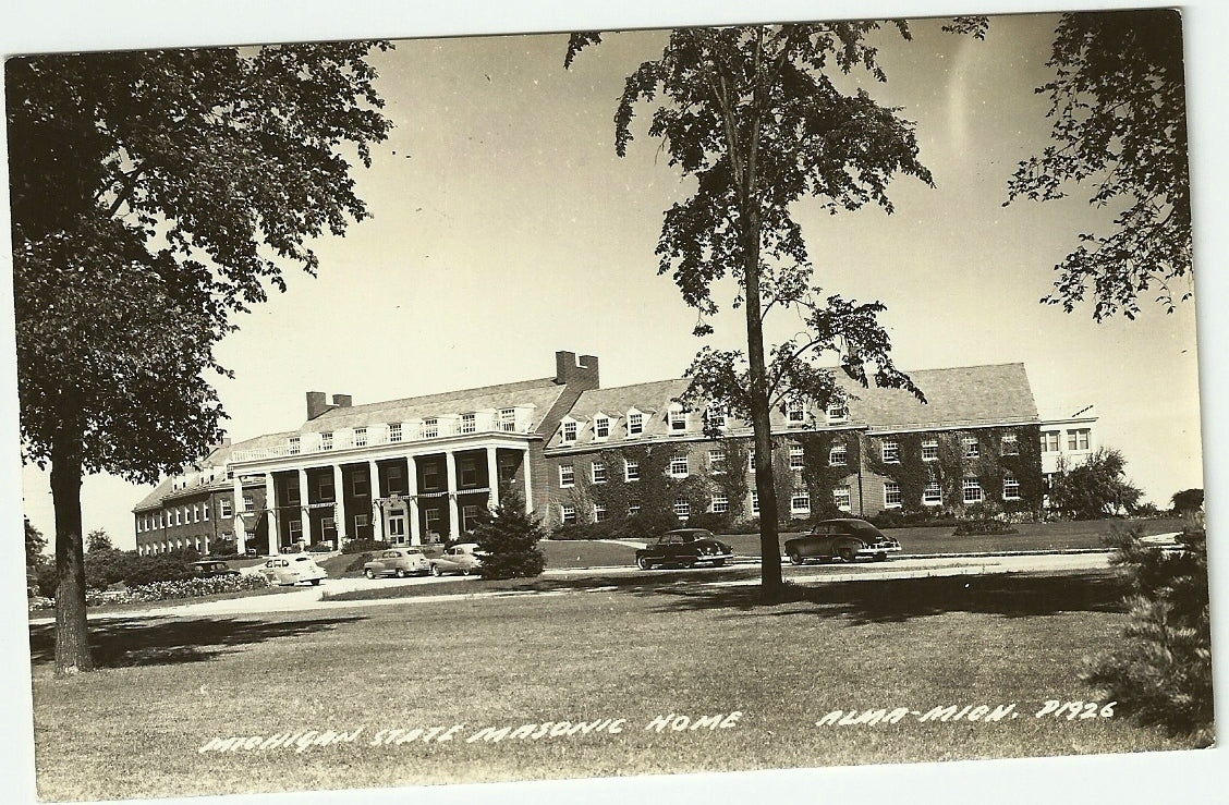 Real Photo Masonic Home Alma MI Michigan Old Cars Postcard