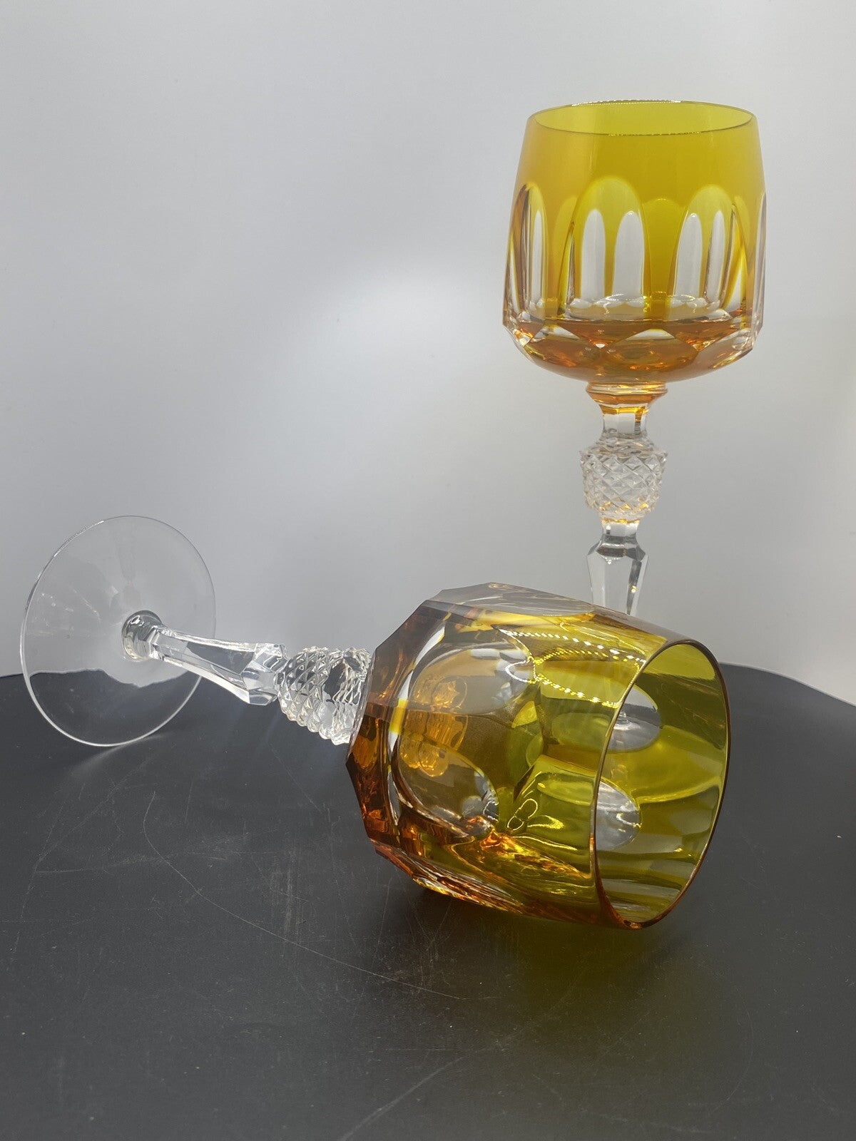 2 NACHTMANN ANTIKA Crystal 8" Cut To Clear WINE GOBLET Bohemian Yellow