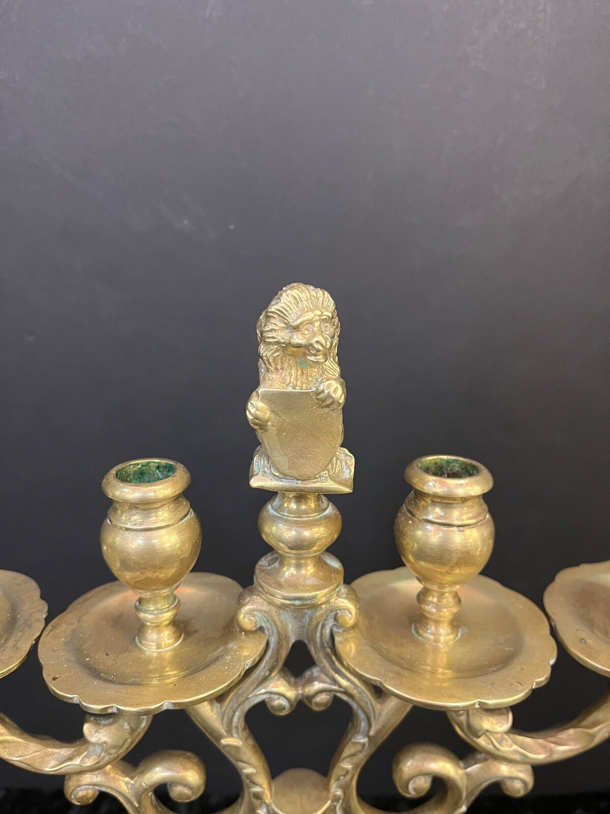 Vintage Brass Candelabra with Lion Holding Shield