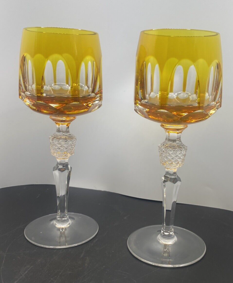 2 NACHTMANN ANTIKA Crystal 8" Cut To Clear WINE GOBLET Bohemian Yellow