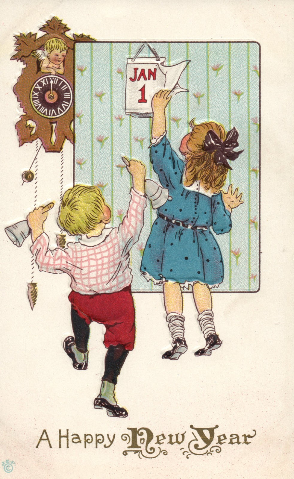 Boy and Girl Jumping New Day Bells Happy New Year Postcard Series 56 D
