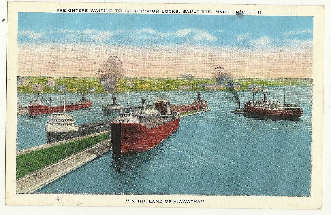 Freighters Sault Ste Marie Soo Locks Ship MI Michigan Postcard