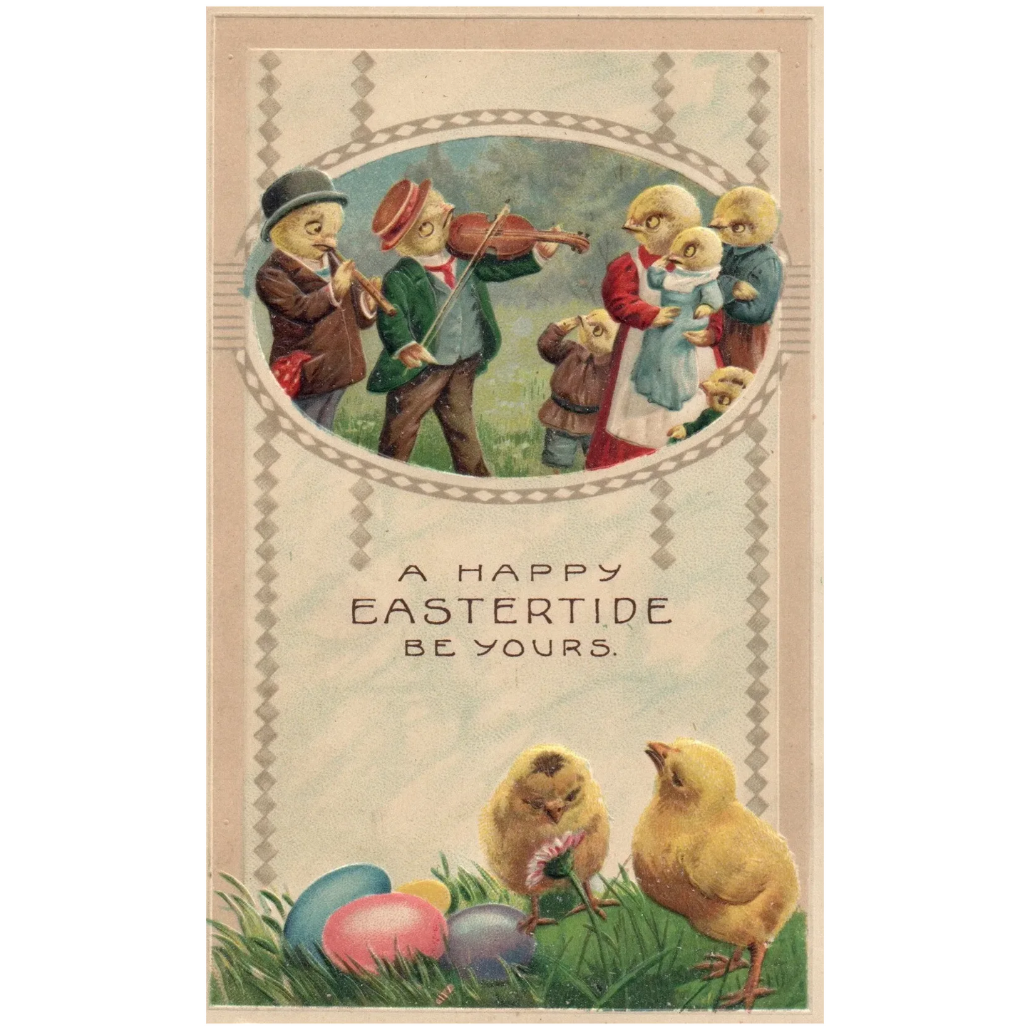 Vintage Easter Dressed Chicks playing Violin and Flute for Family Postcard