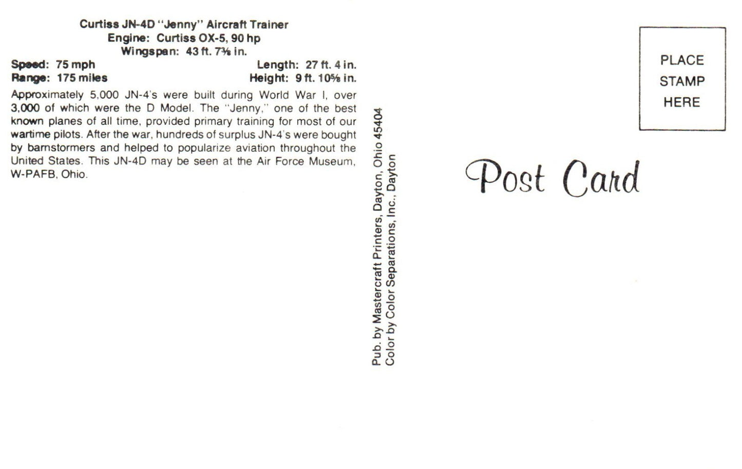 Curtis JN-4D "Jenny" Aircraft Trainer Airplane Postcard