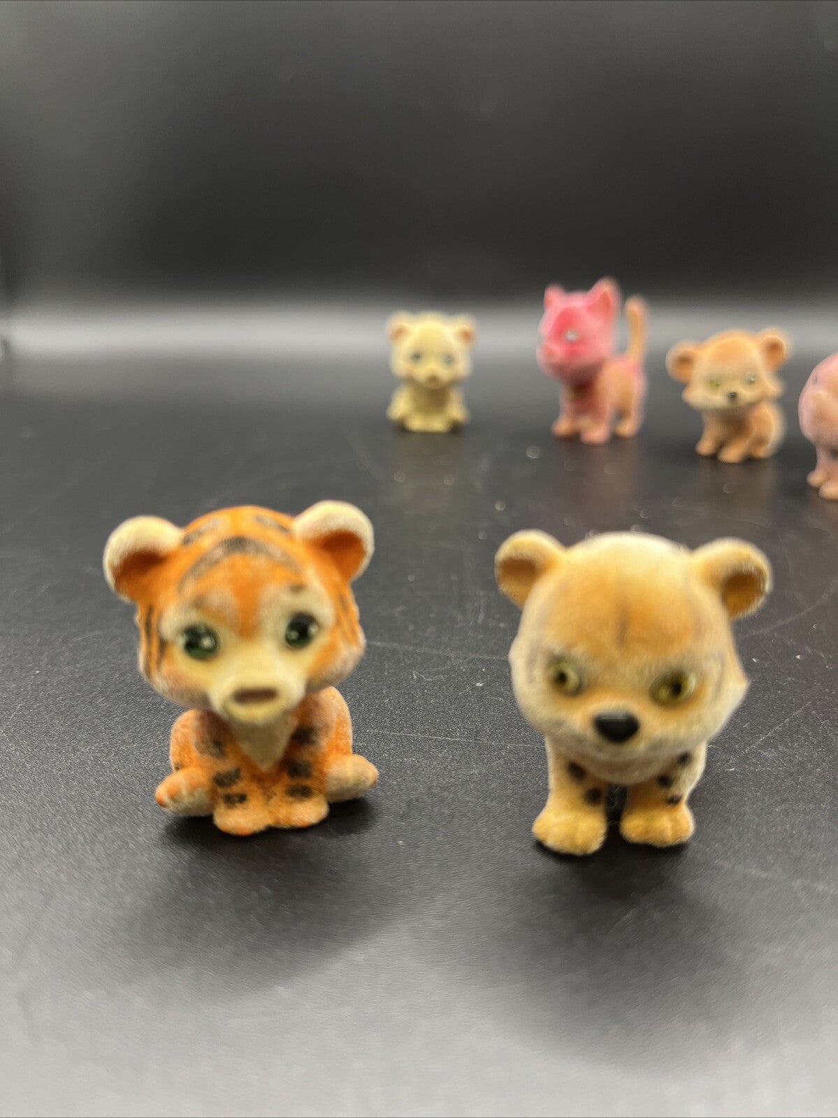 9 Vintage Flocked Dogs, Cats Tigers Originals Felt Fuzzy Animals