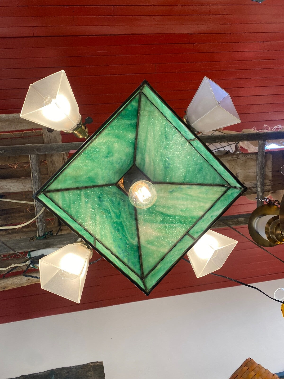 Green Stained Glass 5 Light Craftsman Chandelier 1910-1915