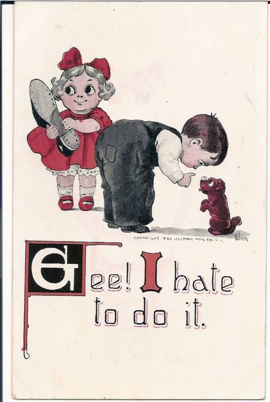 Komic Kids Series 189 Ullman Girl Holding Shoe Boy Puppy Children Postcard