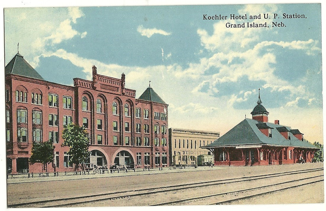 Koehler Hotel and UP Station Grand Island RR Railroad Train Depot Postcard