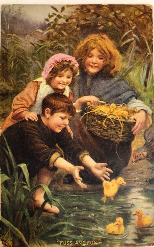 "Fuss and Fun" Three Children Putting Baby Ducks Into Water Vintage Postcard
