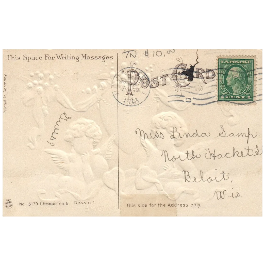 1913 Romantic Valentines Postcard with Two Angel Children in The Sky Postcard