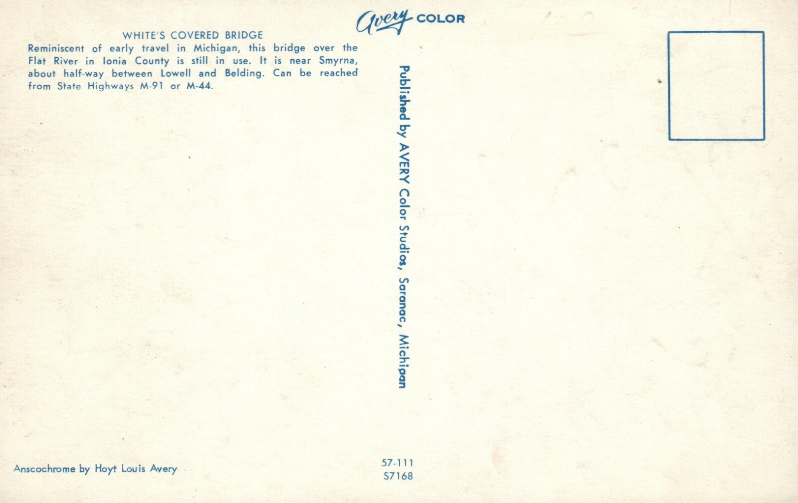 Whites Covered Bridge Flat River Ionia County Lowell Michigan MI Postcard