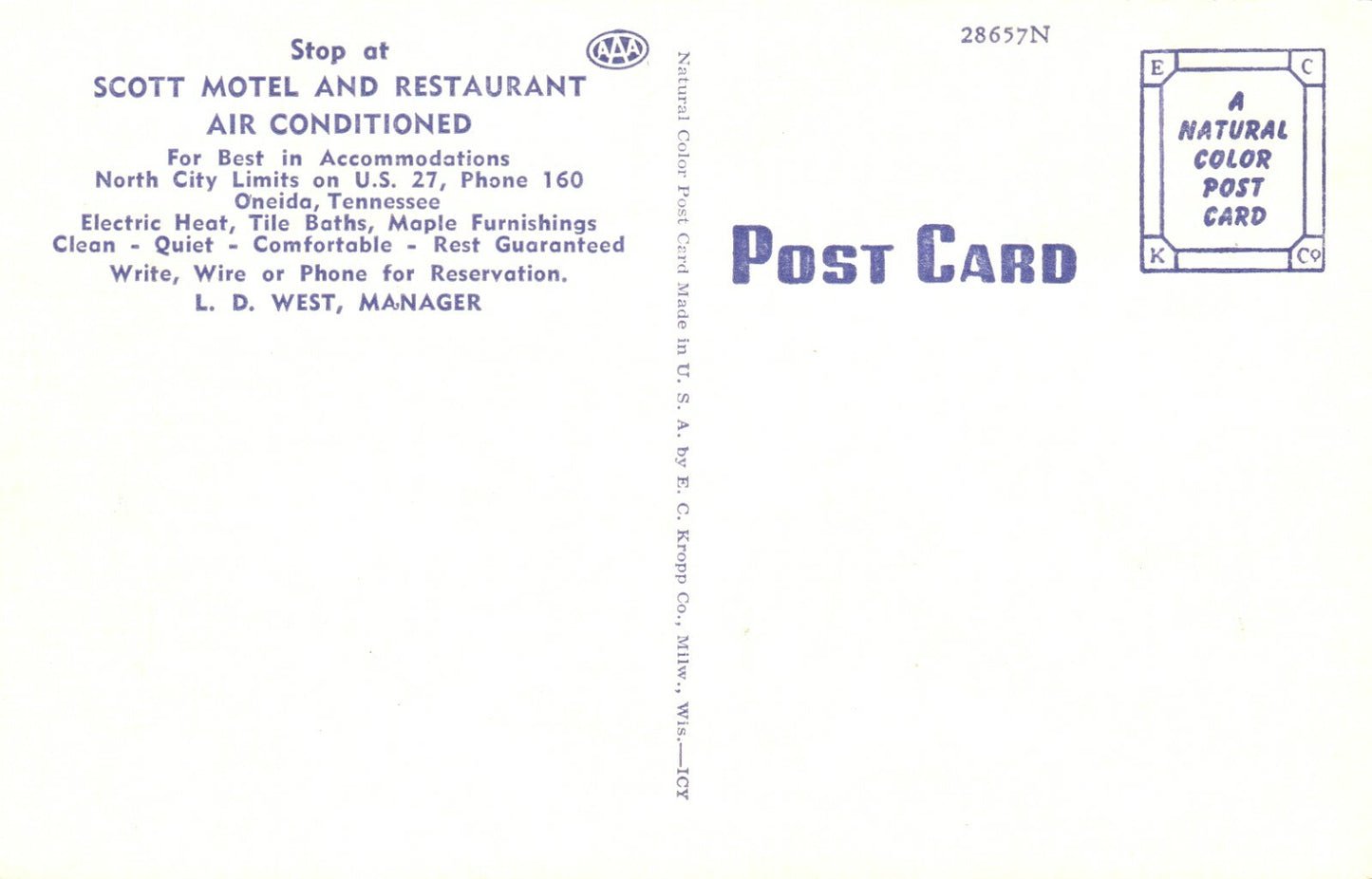 Scott Motel and Restaurant AAA On US 27 Oneida Tennessee TN Postcard