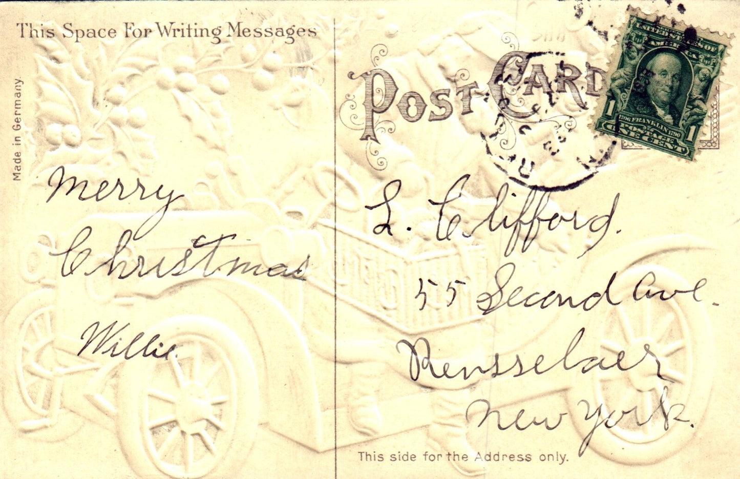 Heavy Embossed Santa Bringing Toys For All Santa Car Vintage Santa Postcard