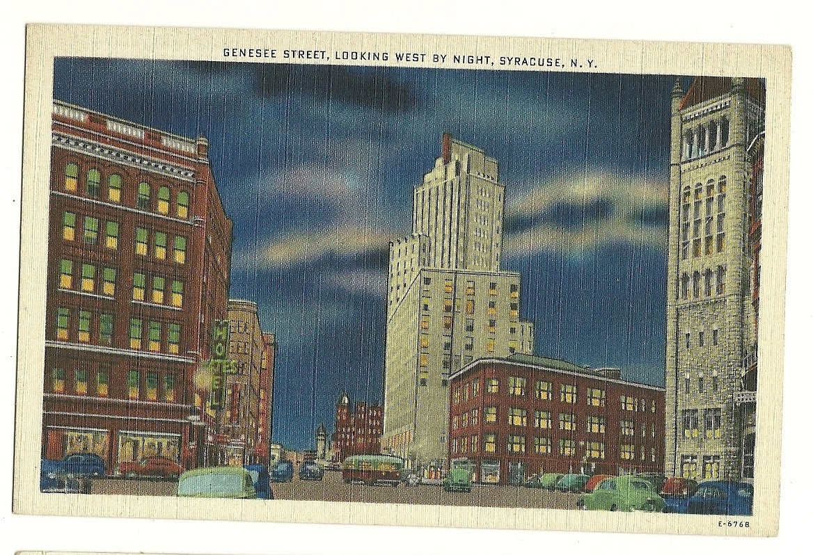Genesee Street Looking West By Night Syracuse New York NY Postcard