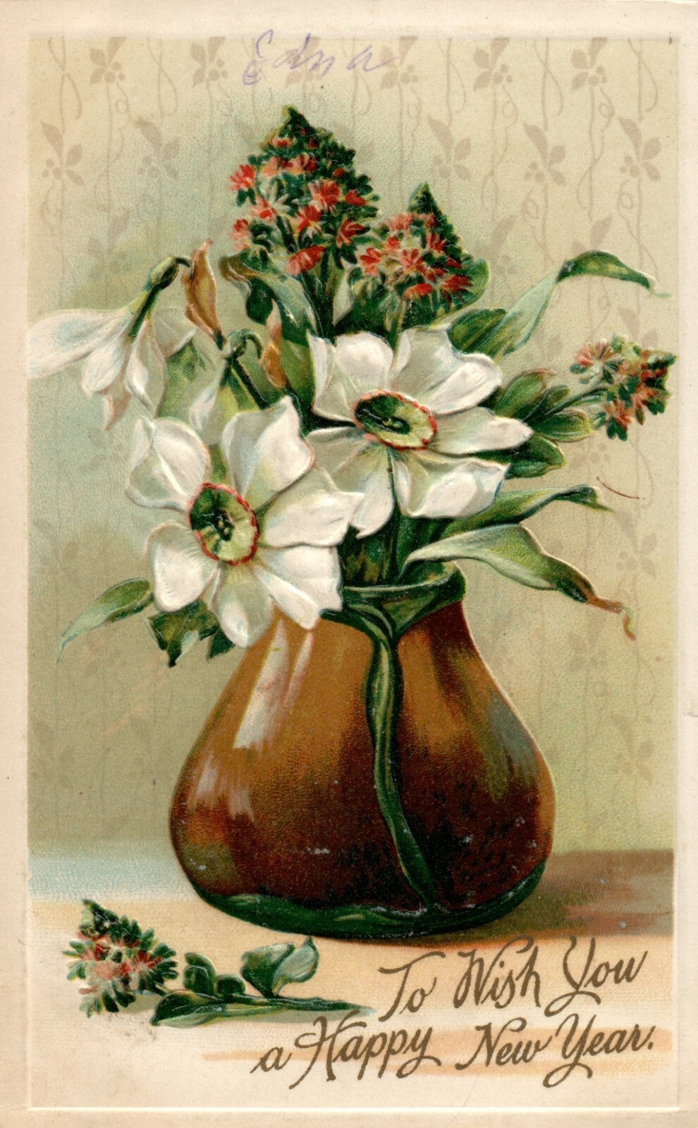 White Flowers in Brown Vase Embossed Happy New Year Postcard Series No.1008