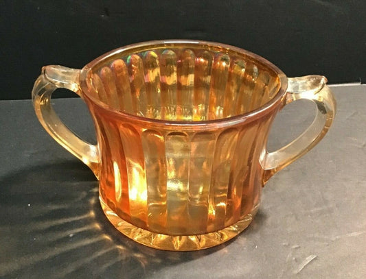 6 1/2" Marigold Two Handled Striped Large Sugar Bowl Iridescent Carnival Glass