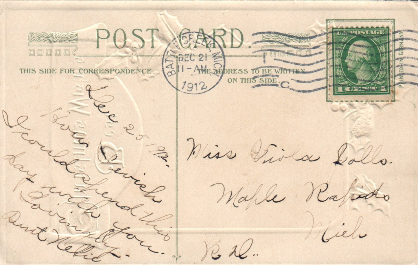 John Winsch Best Christmas Wishes Santa Claus with Holly Christmas Postcard