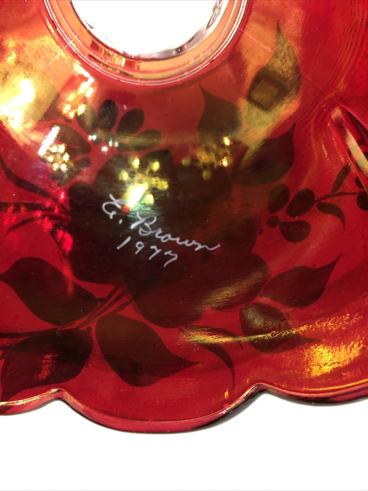 WESTMORELAND Red Glass Hand Painted Rose Lamp  Shade Artist Signed Vintage 1977