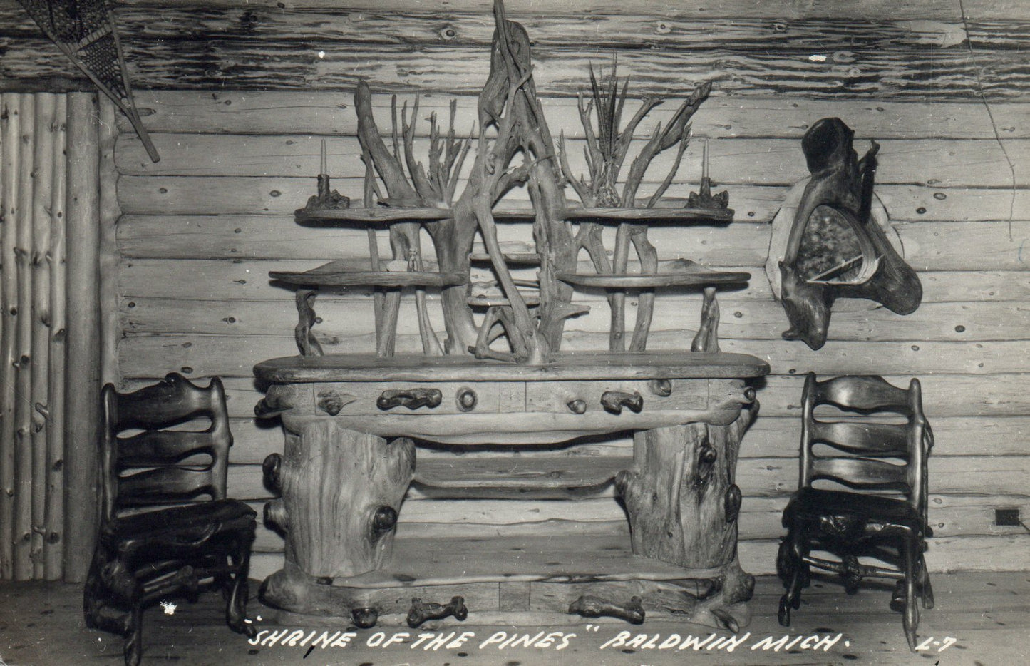 Real Photo Shrine of the Pines Baldwin Mich MI Michigan Postcard tree Furniture