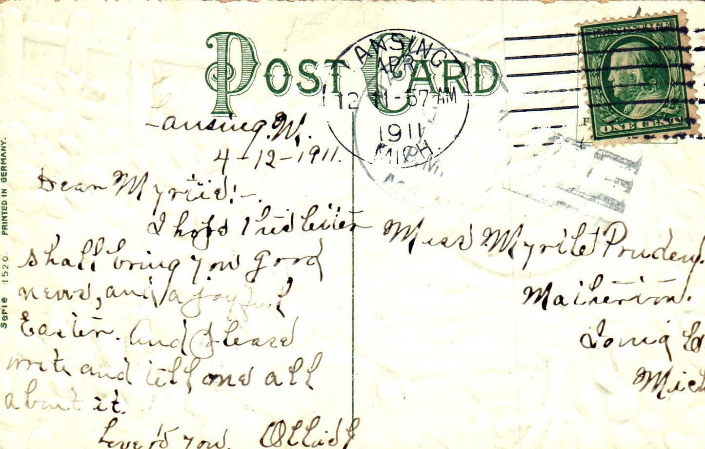 Joyful Easter Little Chick Delivering Letter Gloss Vintage Easter Postcard