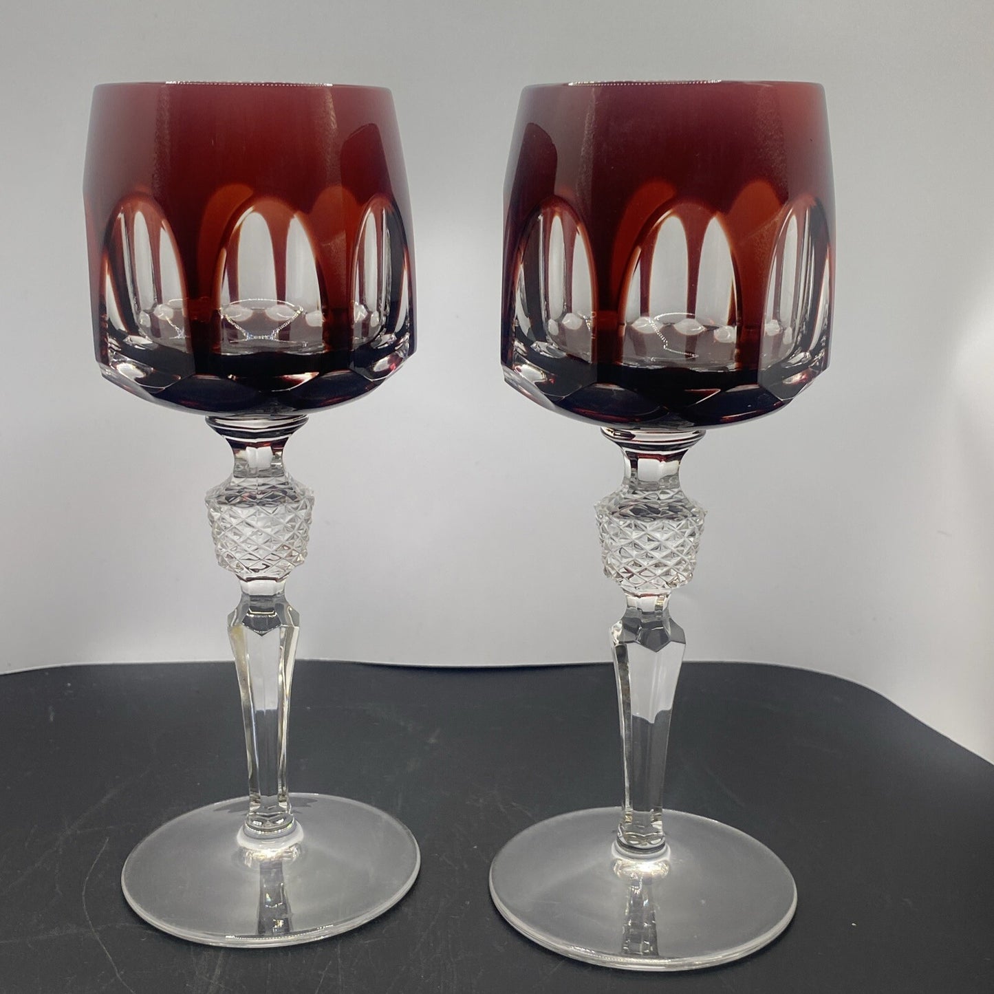 2 NACHTMANN ANTIKA Crystal 8" Cut To Clear WINE GOBLET Bohemian Ruby Red