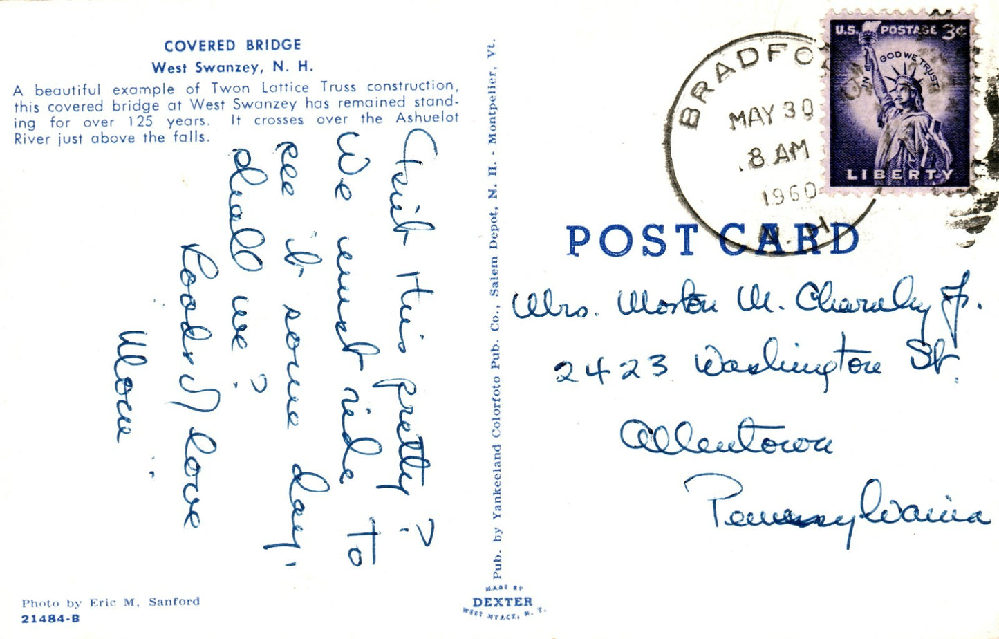 1960 Covered Bridge West Swanzey NH New Hampshire Twon Lattice Truss Postcard